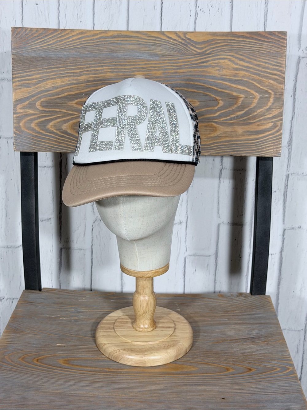 🐆 FERAL Rhinestone Leopard Trucker Hat Tan White Animal Print